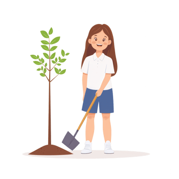 A cheerful girl planting a young tree with a shovel, showcasing a commitment to environmental care and growth, set against a clear, white background. png