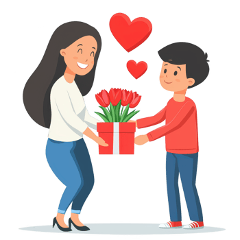 A cheerful scene of a child presenting a gift of flowers to a happy woman, celebrating love and appreciation, surrounded by hearts. Ideal for themes of affection and relationships. png