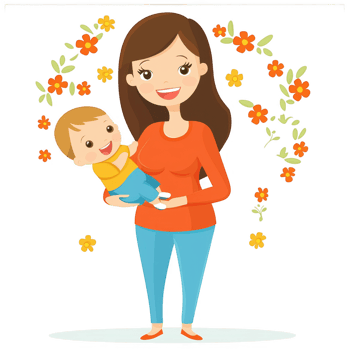 A cheerful woman holding a happy baby against a floral background, symbolizing love and joy in family life. png