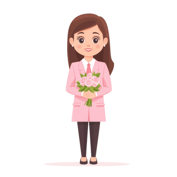 A cheerful woman in a pink coat holding a bouquet of pink roses, presenting a warm smile. Perfect for conveying joy, love, and celebration in visual storytelling. png