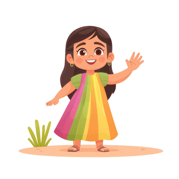 A cheerful young girl in a vibrant, rainbow-colored dress waving happily. Set against a simple background, she embodies joy and innocence. png