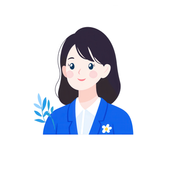 A cheerful young woman with dark hair, wearing a blue blazer and white shirt, smiling against a white isolate background with a decorative leaf element. png