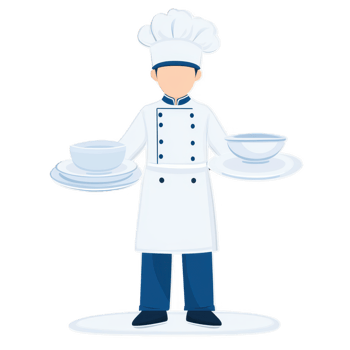 A chef in a white uniform skillfully balancing two plates of food, showcasing culinary expertise. Perfect for restaurant, cooking, or food-related themes. png