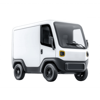 A compact delivery van with a sleek design, featuring a modern front, large windshield, and sturdy wheels, isolated on a white background for clear visibility. png