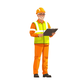 A construction worker in safety gear holding a clipboard. The character is smiling while reviewing plans, symbolizing safety and professionalism in the construction field. png