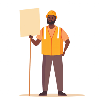 A construction worker standing confidently, holding a blank sign, wearing an orange safety vest and hard hat. Ideal for themes of labor rights and social movements. png