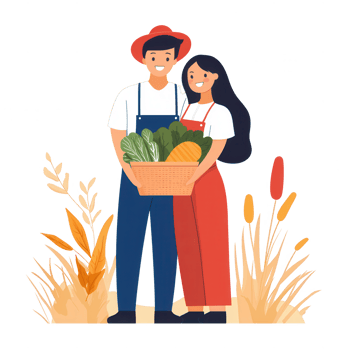 A couple standing together outdoors, holding a basket filled with fresh vegetables. They are dressed casually and smiling, surrounded by natural elements. png