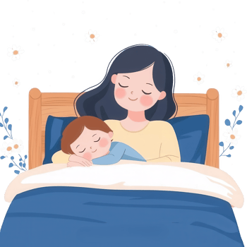 A cozy scene of a mother and child peacefully sleeping in bed, surrounded by a serene atmosphere filled with floral motifs, showcasing warmth and love. png