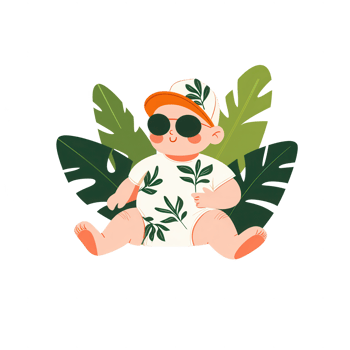 A cute baby sitting amid large green leaves, wearing sunglasses and a cap, reflecting a playful and lively summer vibe. png