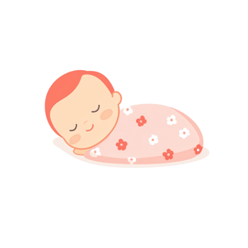 A cute cartoon baby sleeping peacefully wrapped in a floral patterned blanket on a white isolated background. png