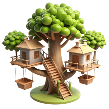 dazzling vintage Treehouse village connected by rope bridges, dappled sunlight filtering through leaves, whimsical style, ultra HD png