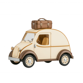 A cute vintage-style toy car with a brown suitcase on top, perfect for travel-themed decor. Ideal for children's rooms or as a playful design element. png