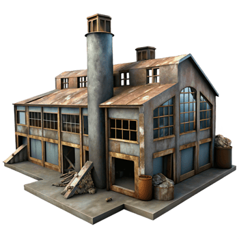 playful alluring An abandoned factory, rusting metal and broken windows, dim light, apocalyptic style, photorealistic, sharp png