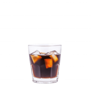 A glass of refreshing iced beverage with ice cubes, perfect for cooling down during hot days. Clear glass showcases the dark liquid in a minimalist setting. png