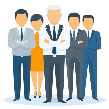 A group of five diverse business people standing together, confidently presenting a united front. Each dressed in formal attire, symbolizing teamwork and professionalism. png