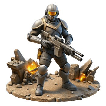 splendid organic A futuristic soldier wielding a plasma rifle, standing amidst the ruins of a battlefield. Military sci fi style, gritty and realistic gallery standard png