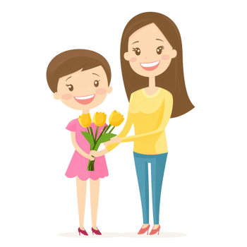 A joyful illustration of a woman and a girl smiling while holding a bouquet of yellow flowers, symbolizing love and happiness. png
