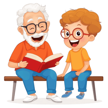 A joyful interaction between a grandfather and grandson, sharing a story from a book. They are seated on a bench, expressing warmth and connection through reading together. png