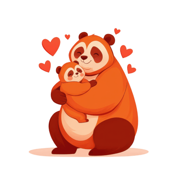 A joyful mother panda holding her baby, surrounded by hearts on a white isolate background, symbolizing love and affection. png