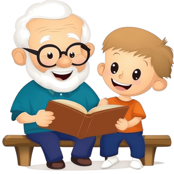 A joyful scene of a grandfather reading a book with his grandson, both smiling and sharing a moment of connection and learning. png