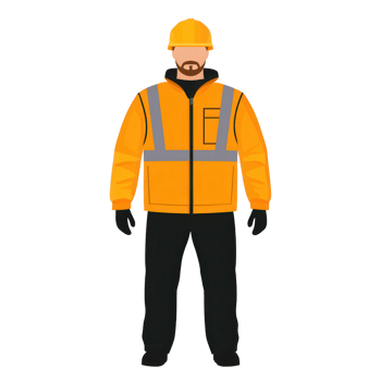 A male construction worker wearing a safety helmet and reflective jacket, ready for a job site. The character stands confidently, showcasing safety gear and professionalism. png