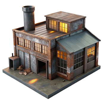 harmonious immaculate An abandoned industrial factory, rusty metal, broken windows, eerie atmosphere, dimly lit, photorealistic, studio quality png