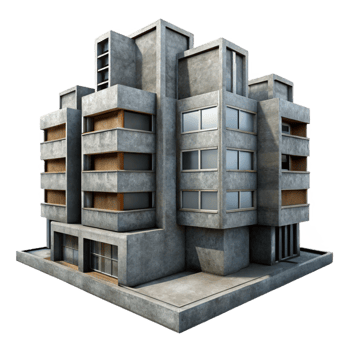 picturesque sought after Brutalism inspired concrete apartment complex, overcast sky, gritty realism, muted colors, png