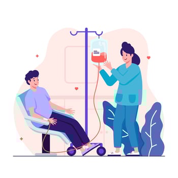Man sitting in chair with medical drip, nurse collecting blood from donor vector