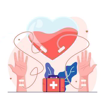 Donor arm is delivering blood to the recipient of the heart-shaped blood bag vector