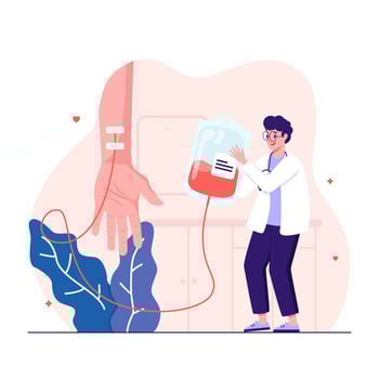 Doctor monitors blood transfusion from human hand into plastic container vector