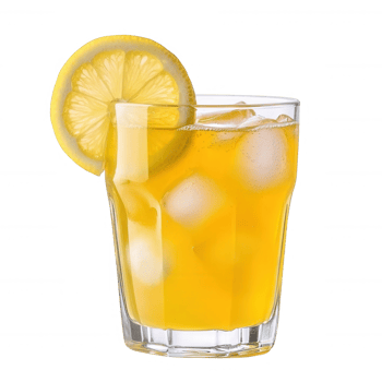 A refreshing glass of orange beverage with ice, garnished with a slice of lemon, isolated on a white background. png