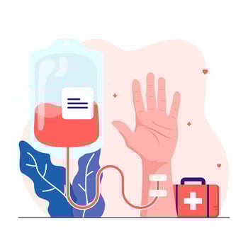 Blood transfusion from blood bag transferring to human arm vector