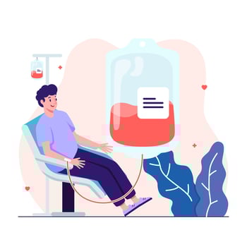 Man in a chair donating his blood into a blood bag vector