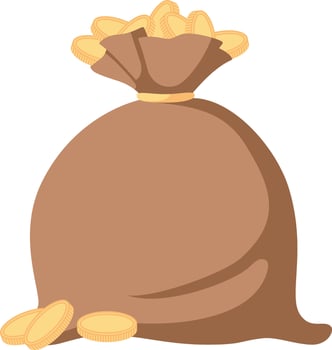 Bag full of cash with rope and piles of gold coins. Cartoon treasure bag with gold coins. Banking concept. Hand drawn illustration. vector