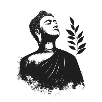 A serene depiction of a figure in contemplation, surrounded by leaves. This artwork symbolizes peace and enlightenment, offering a moment of reflection against a white background. png