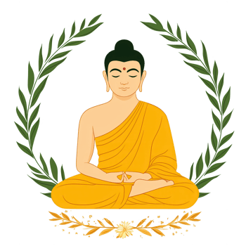 A serene illustration of a meditating figure, adorned in traditional attire, encompassed by a circle of leaves, symbolizing peace and enlightenment. png