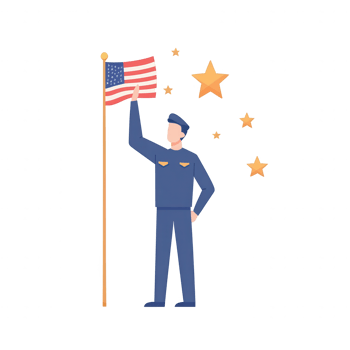 A soldier holding the American flag, symbolizing patriotism and national pride. Stars surround the figure, representing freedom and unity. White isolated background enhances focus. png