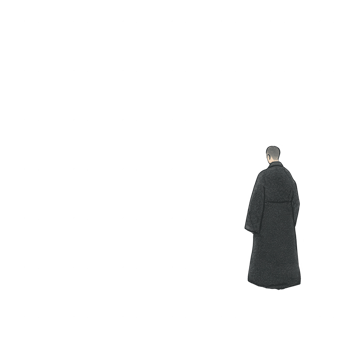 A solitary figure in a traditional robe stands contemplatively, rendered in a minimalist style with a white background, symbolizing reflection and spirituality. png