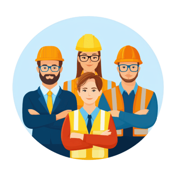 A team of four diverse construction workers standing confidently, showcasing teamwork and professionalism in the construction industry. png