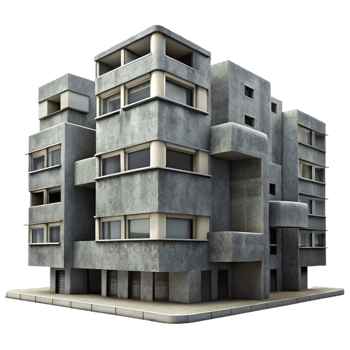 picturesque retro Brutalism inspired concrete apartment complex, overcast sky, gritty realism, muted colors, perfect clarity png