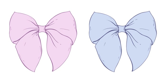 Satin fabric bow, with short wide ribbons Graphic sketch illustration hand drawn line art, outline in blue and pink. Single isolated element EPS, for hair decoration, clothes, gifts vector