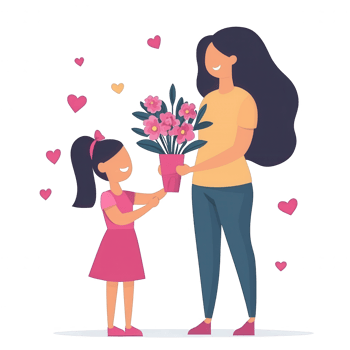 A warm illustration of a mother and daughter sharing a moment, with the daughter giving a bouquet of flowers to her mother, surrounded by hearts, symbolizing love and affection. png