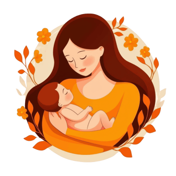 A warm illustration of a mother lovingly holding her baby, surrounded by autumn leaves and flowers, expressing deep affection and connection in a serene environment. png