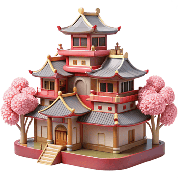 immaculate dramatic renaissance Traditional Japanese castle, intricate wooden details, cherry blossoms in bloom, soft spring light, traditional Japanese style high resolution png