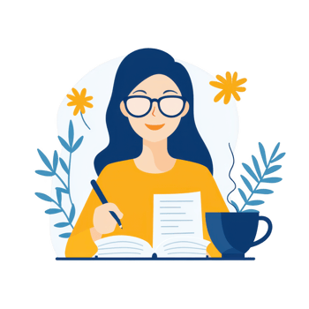 A woman with glasses writing in a notebook, surrounded by leaves and flowers, enjoying a cup of coffee. Ideal for studying, creativity, and relaxation themes. png