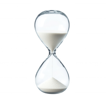 An elegant hourglass with white sand flowing between two glass bulbs. The hourglass symbolizes time, patience, and the passage of moments, set against a clean white background. png