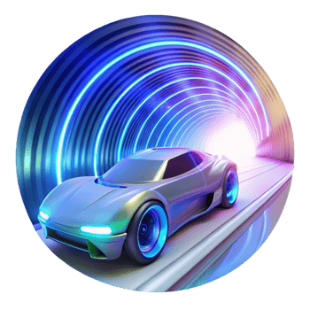 picturesque melancholic creative A futuristic racing vehicle speeding through a neon lit tunnel, leaving trails of light and energy. Speed painting style, motion blur gallery standard png