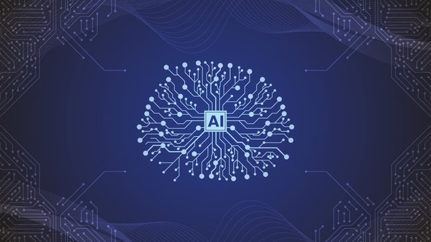 Artificial Intelligence. Big Data And Ai Circuit Concept. Machine Learning And Cyber Mind Domination Concept In Form Of Digital Brain Outline With Circuit Board And Binary Data Flow On Blue Background vector