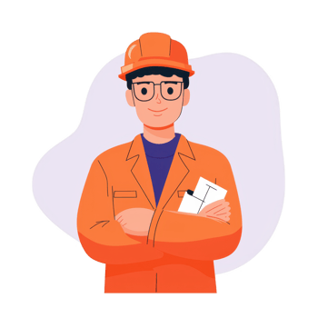 Confident construction worker wearing an orange helmet and jacket, smiling with arms crossed. Ideal for representing teamwork and safety in the construction industry. png