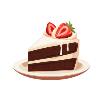 Delicious chocolate cake slice topped with whipped cream and fresh strawberries, presented on a white plate for a tempting treat. png
